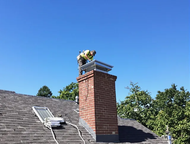 Brookfield Chimney Sweep technician measuring a chimney cap in Brookfield, CT