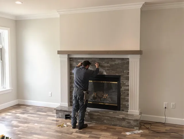 Brookfield Chimney Sweep finishing a custom fireplace install in Brookfield, CT